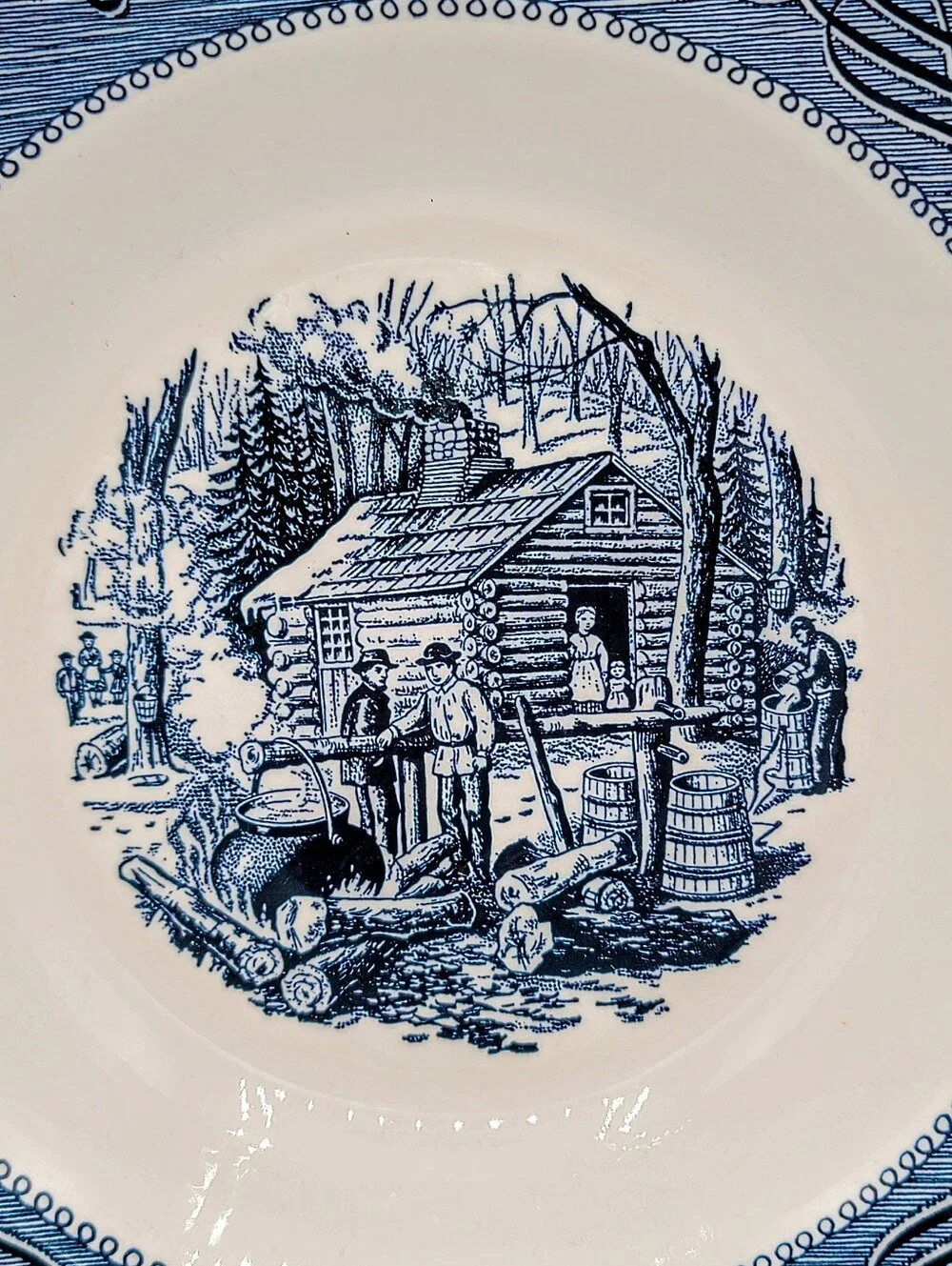 Currier Ives Maple Sugaring Blue Transferware Soup Pasta Bowls Set Of 2 Ironston